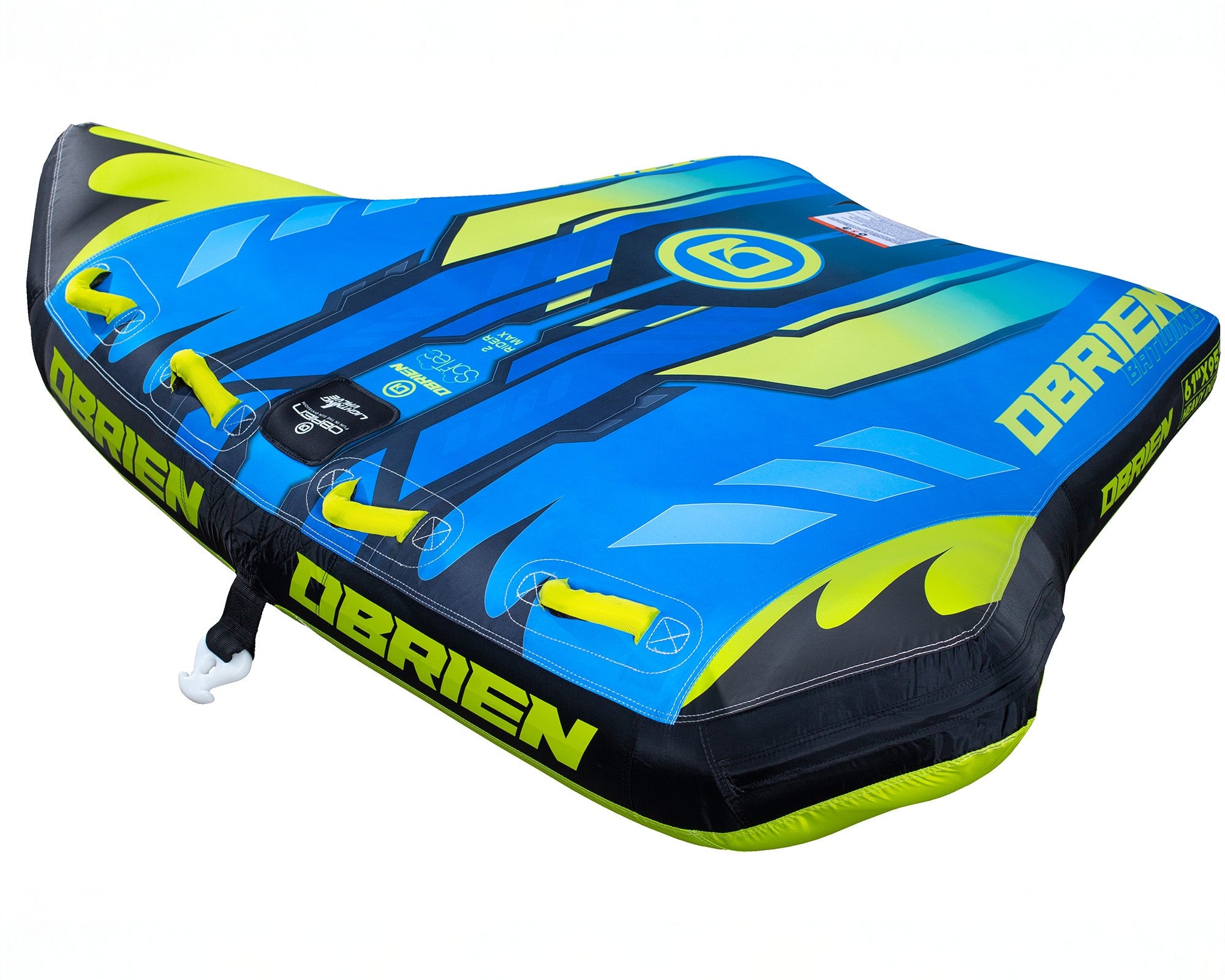 OBrien Bat Wing 2 Towable Tube in blue, green, yellow for a fun water ride.