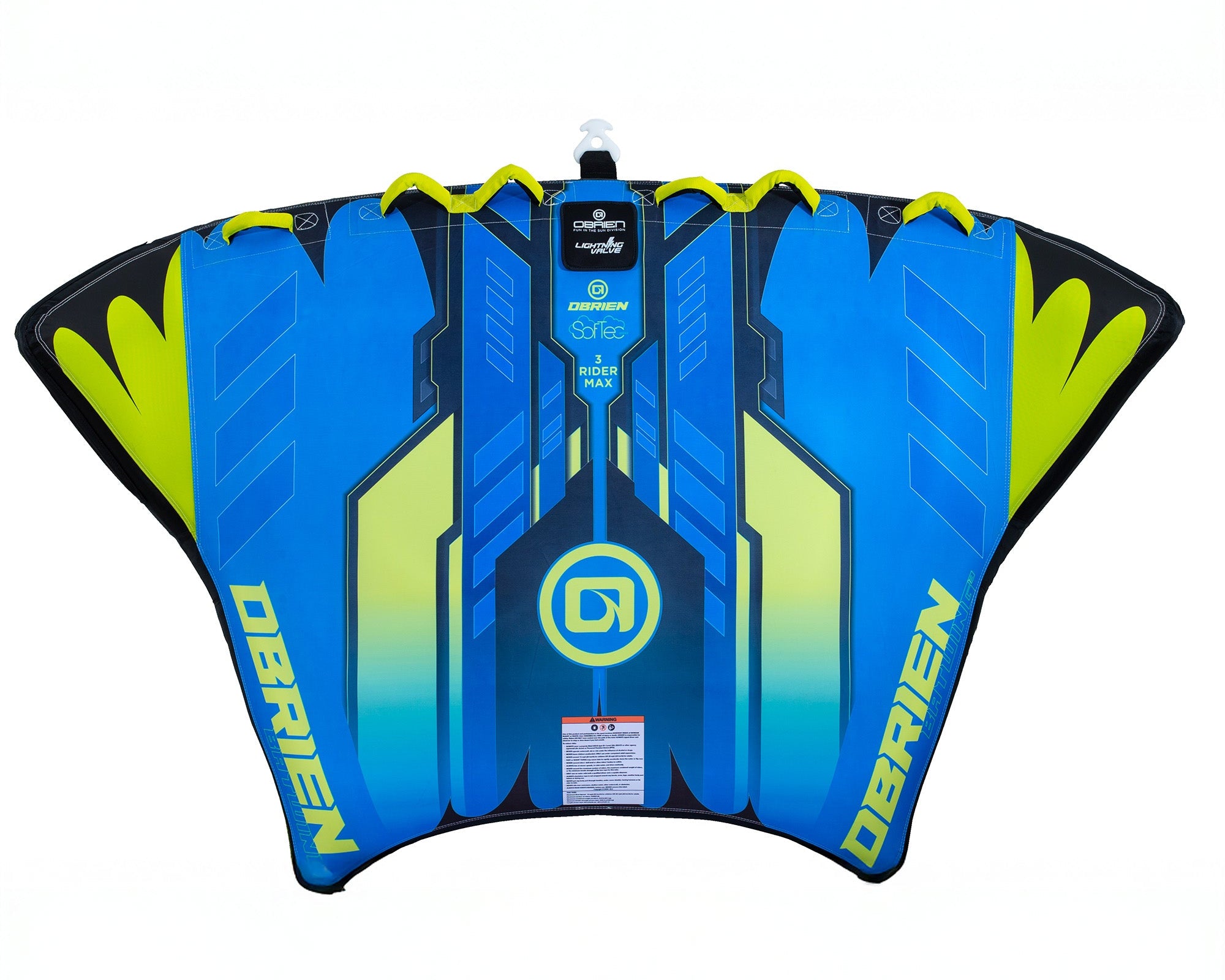 Blue/yellow OBrien Bat Wing 3 boat tube with geometric patterns.