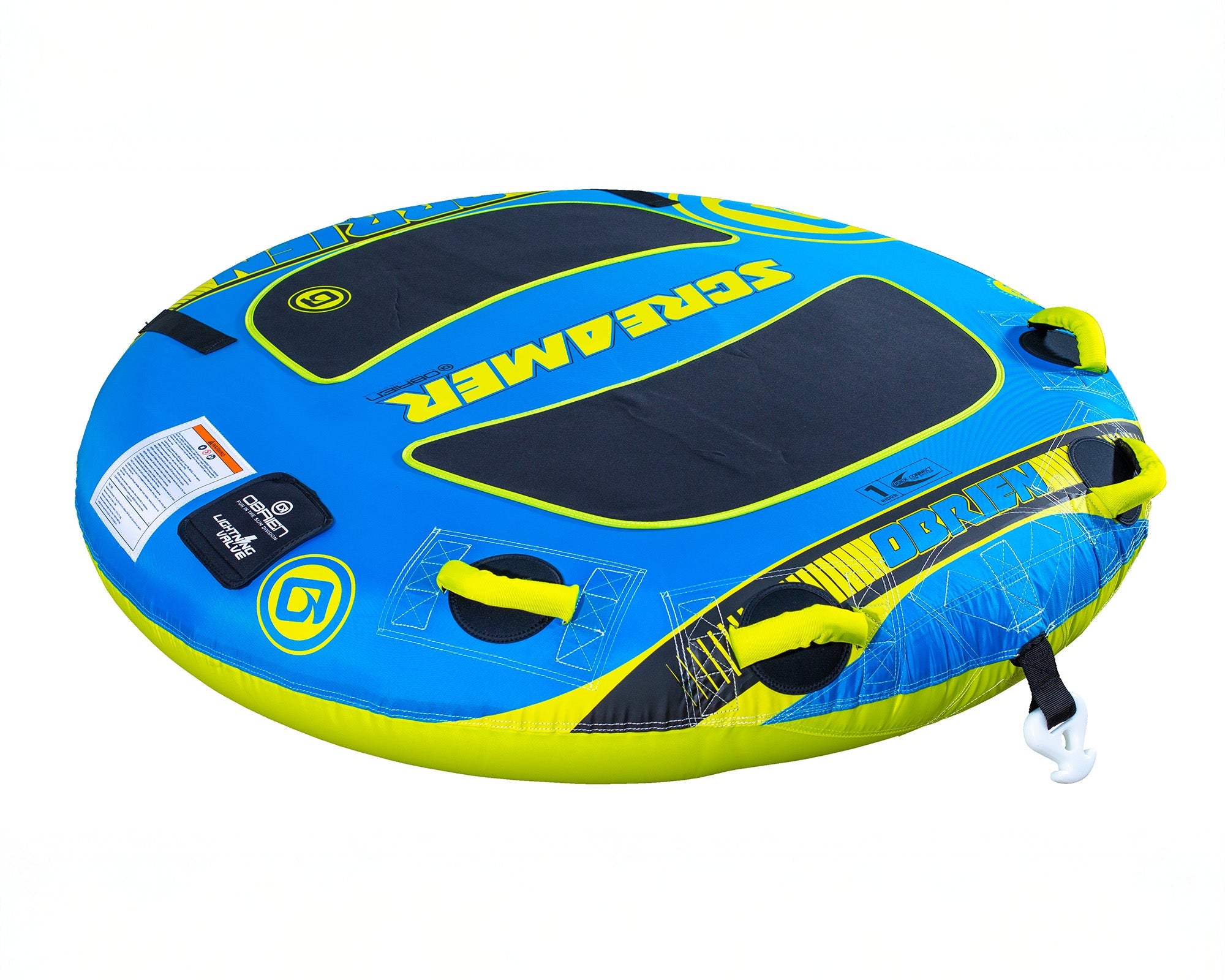 OBrien Screamer Towable Tube: Round, blue/yellow with multiple handles.