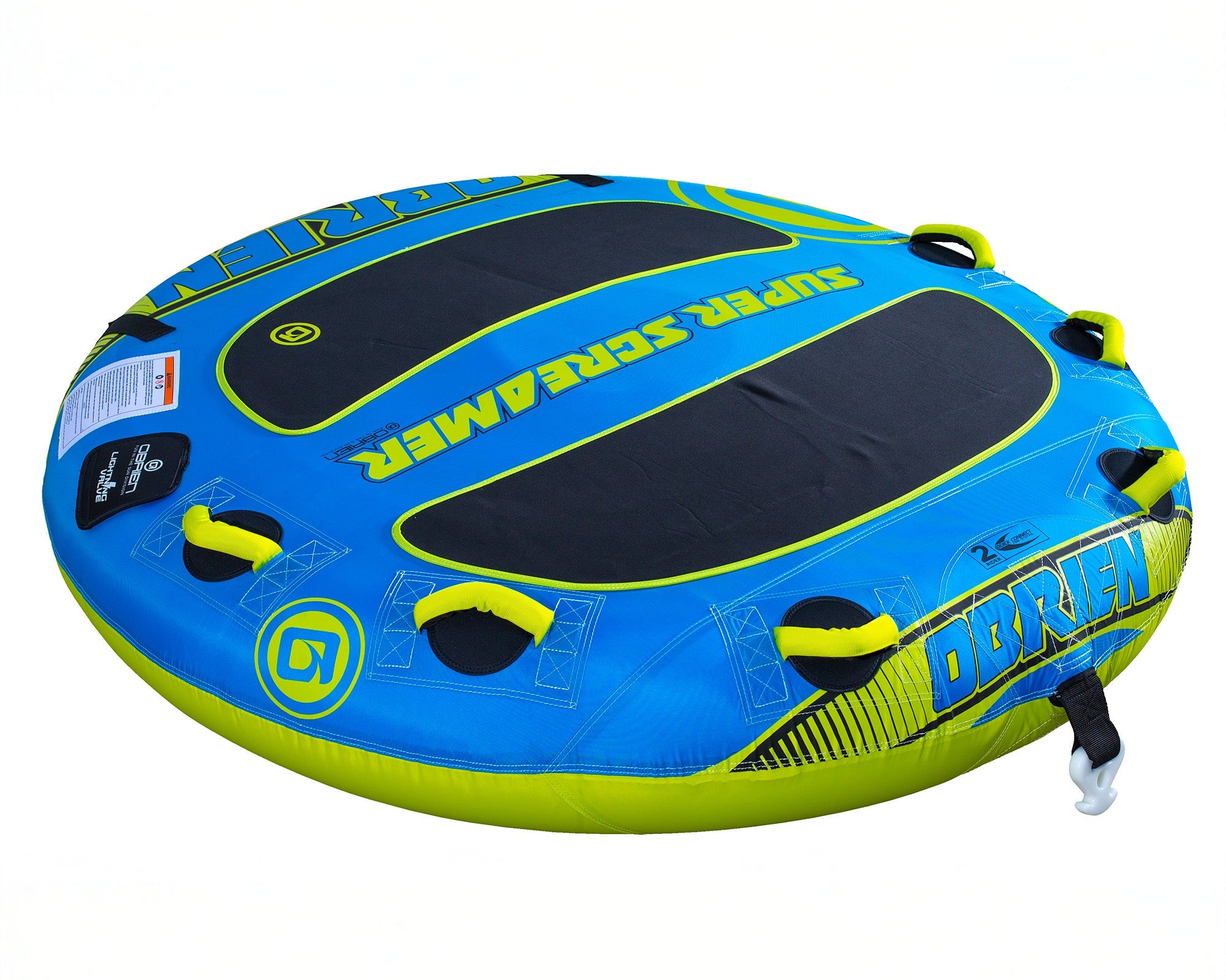 OBrien Super Screamer Boat Tube, blue/yellow w/handles for water fun.