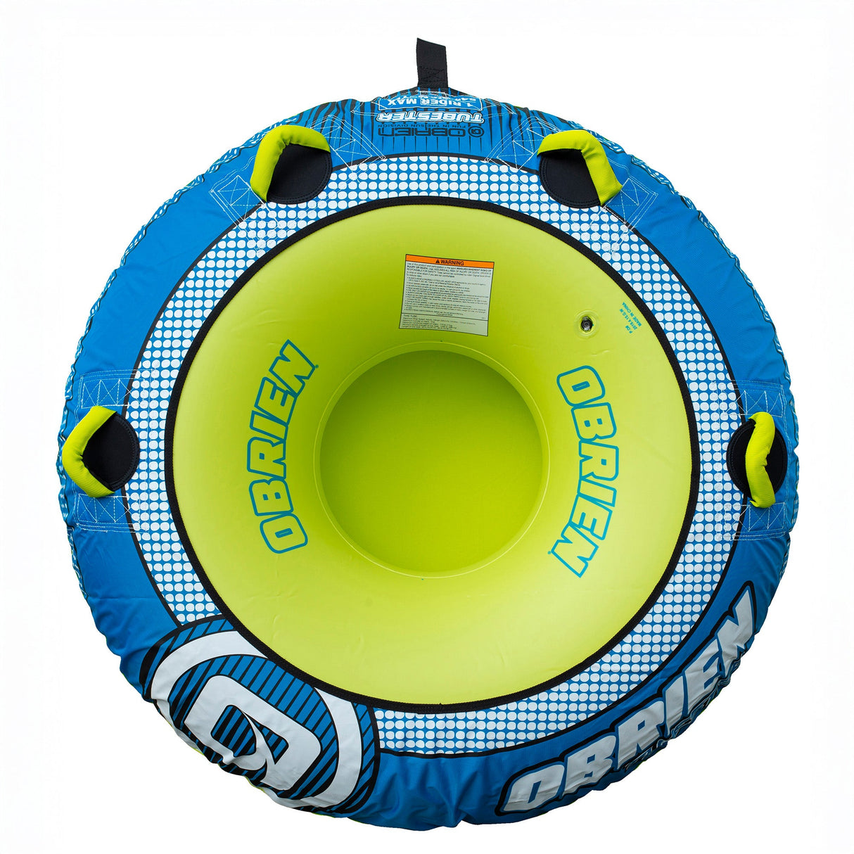 Blue and green donut-shaped OBrien Tubester Towable Tube with handles and safety label.