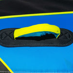 Close-up of a yellow handle on an OBrien D-Lux 2 inflatable tube.