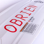 O'Brien Intent Wakeboard base close-up in white with red branding, a warning label, and bold channeling.