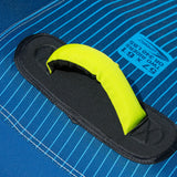 Close-up of New-U 2s handle with blue stripes and a fresh yellow grip.