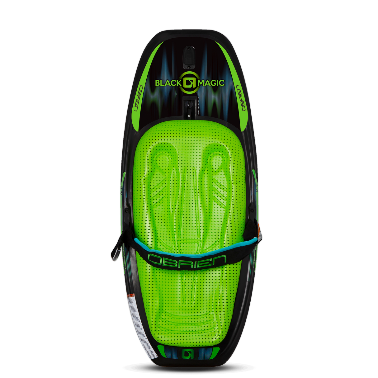 Top view of the Black Magic Kneeboard, with a black and green design, contoured padded seat and an adjustable strap.