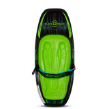 Top view of the Black Magic Kneeboard, with a black and green design, contoured padded seat and an adjustable strap.