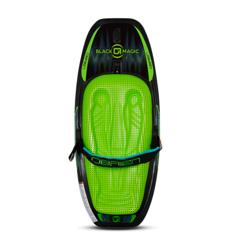 Top view of the Black Magic Kneeboard, with a black and green design, contoured padded seat and an adjustable strap.