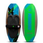 O'Brien Enforcer Kneeboard, top and bottom view, woodgrain with blue, green, and black accents, black pad, and strap.