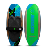 O'Brien Enforcer Kneeboard, top and bottom view, woodgrain with blue, green, and black accents, black pad, and strap.