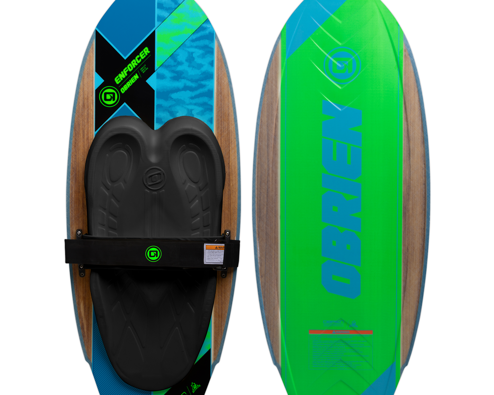 O'Brien Enforcer Kneeboard, top and bottom view, woodgrain with blue, green, and black accents, black pad, and strap.