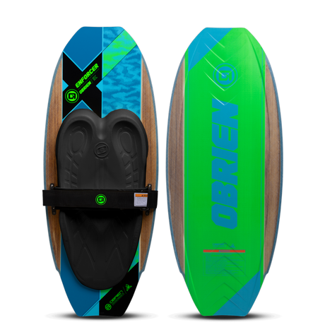 O'Brien Enforcer Kneeboard, top and bottom view, woodgrain with blue, green, and black accents, black pad, and strap.