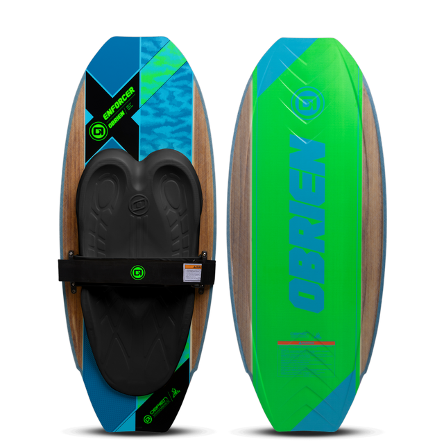 O'Brien Enforcer Kneeboard, top and bottom view, woodgrain with blue, green, and black accents, black pad, and strap.