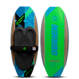 O'Brien Enforcer Kneeboard, top and bottom view, woodgrain with blue, green, and black accents, black pad, and strap.
