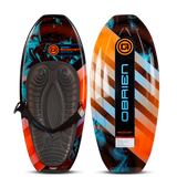 Top and bottom of the Ricochet Kneeboard, with a black, orange, and blue design with a padded seat and an adjustable strap.