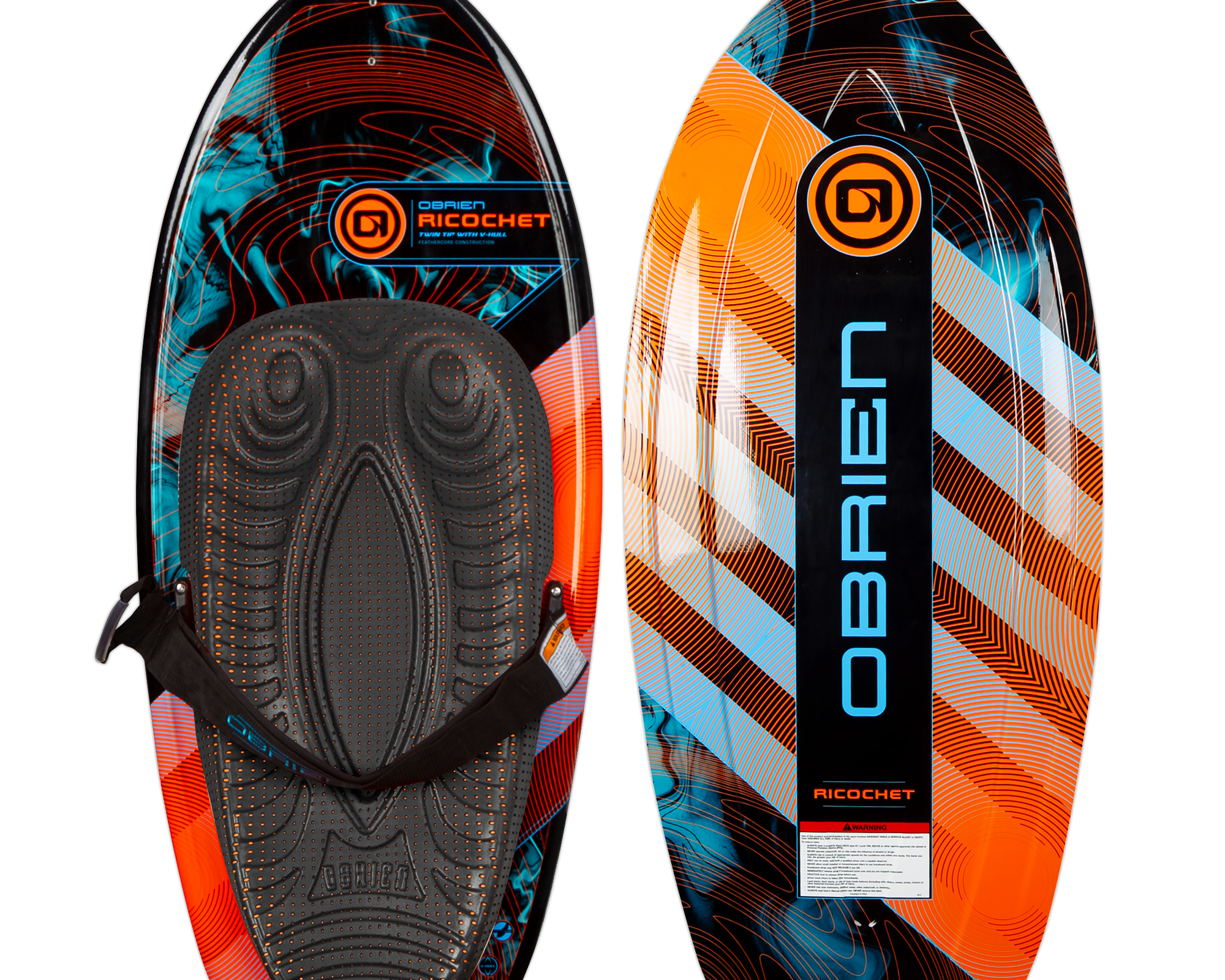 Top and bottom of the Ricochet Kneeboard, with a black, orange, and blue design with a padded seat and an adjustable strap.