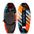 Top and bottom of the Ricochet Kneeboard, with a black, orange, and blue design with a padded seat and an adjustable strap.