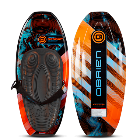 Top and bottom of the Ricochet Kneeboard, with a black, orange, and blue design with a padded seat and an adjustable strap.