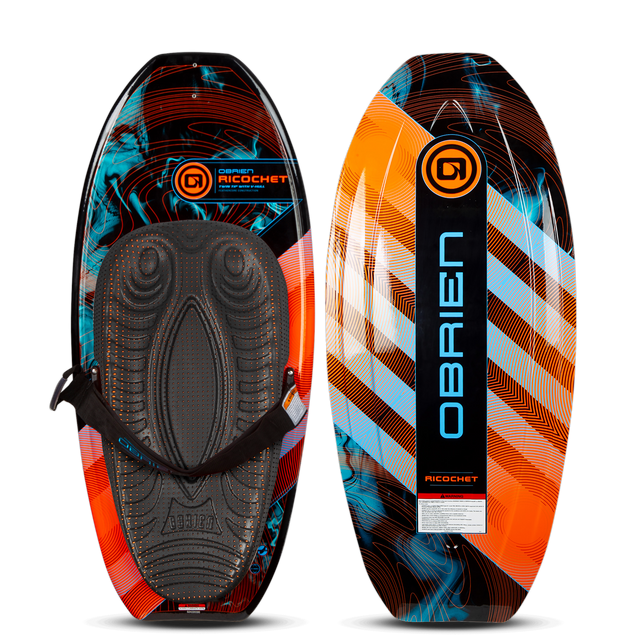 Top and bottom of the Ricochet Kneeboard, with a black, orange, and blue design with a padded seat and an adjustable strap.