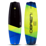 Top and bottom of the O'Brien Valhalla Wakeboard, with a black, blue, and yellow design, bold graphics and sleek profile.
