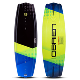 Top and bottom of the O'Brien Valhalla Wakeboard, with a black, blue, and yellow design, bold graphics and sleek profile.