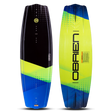 Top and bottom of the O'Brien Valhalla Wakeboard, with a black, blue, and yellow design, bold graphics and sleek profile.