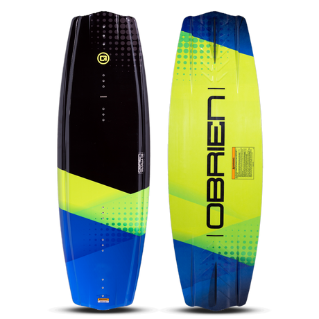 Top and bottom of the O'Brien Valhalla Wakeboard, with a black, blue, and yellow design, bold graphics and sleek profile.