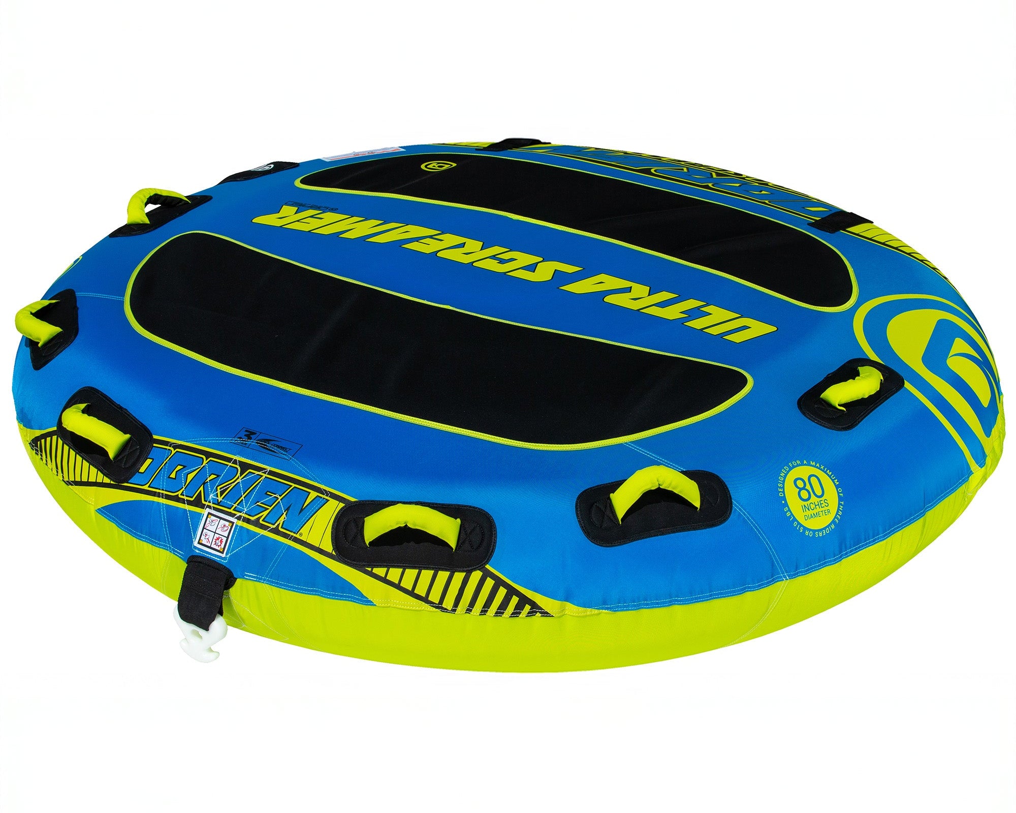 The OBrien Ultra Screamer is a blue/yellow deck tube with EVA pads and handles for 3 riders.