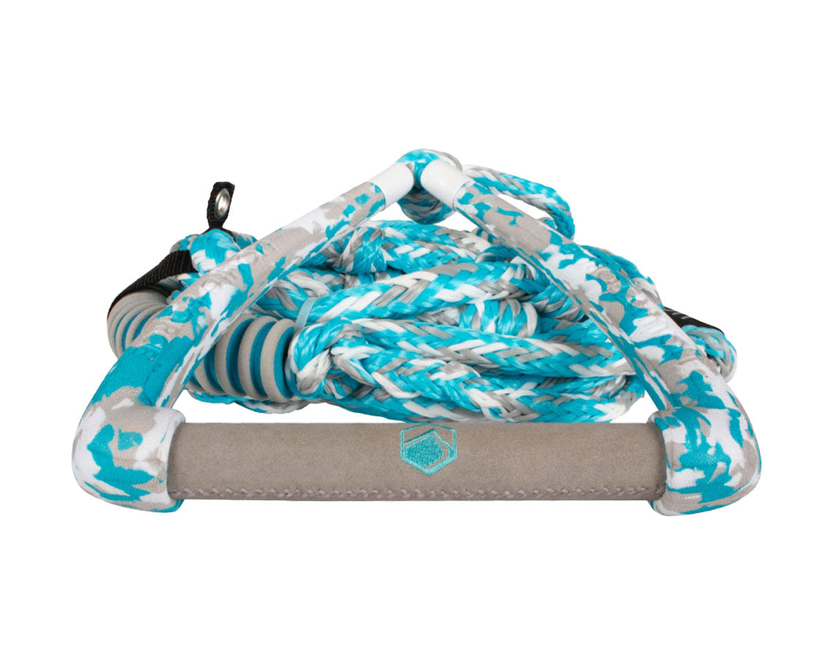 Surf 9 Ultra Suede Rope and Handle Combo in turquoise and white, ideal for wake surfing.
