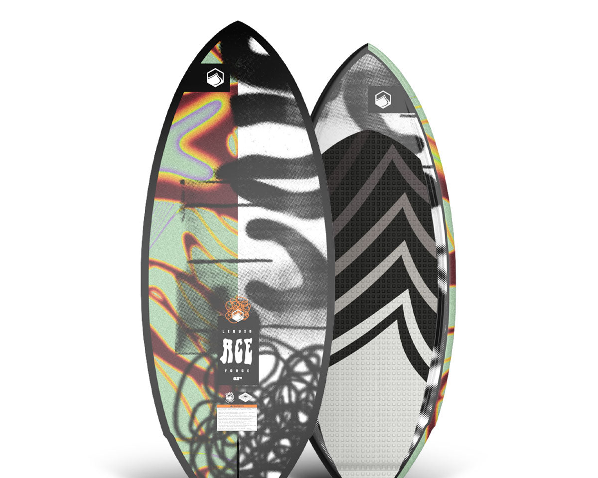 Top and bottom view of Ace wakesurf board with colorful, abstract designs stand upright.