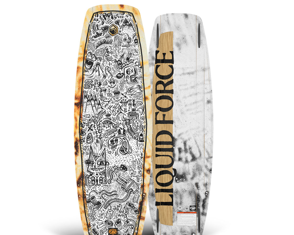Top and bottom view of patterned Liquid Force wakeboard: intricate black and white, text on base.