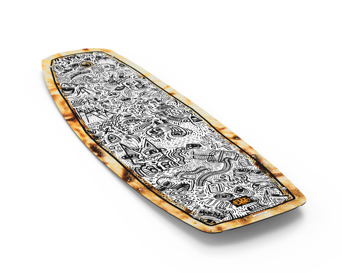 Liquid Force wakeboard deck with detailed black/white doodle art and wood border.