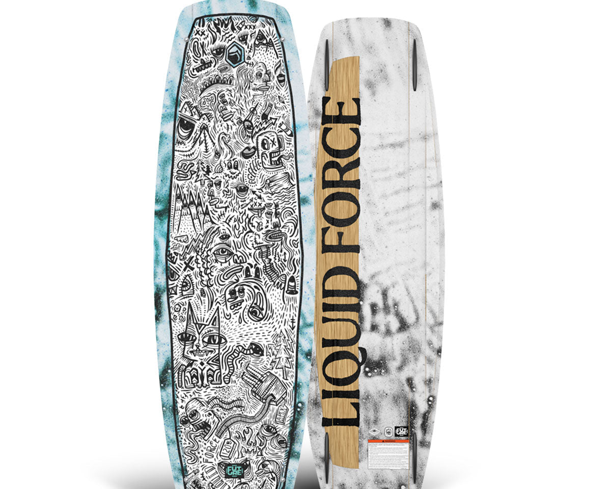 Top and bottom view of patterned park wakeboard: blue accents or bold Liquid Force text.