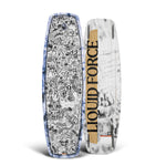 Top and bottom view of Liquid Force park wakeboard with complex black designs on white backgrounds.