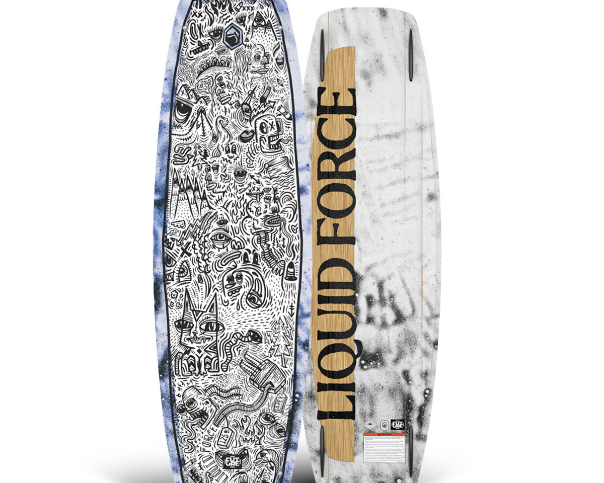 Top and bottom view of Liquid Force park wakeboard with complex black designs on white backgrounds.
