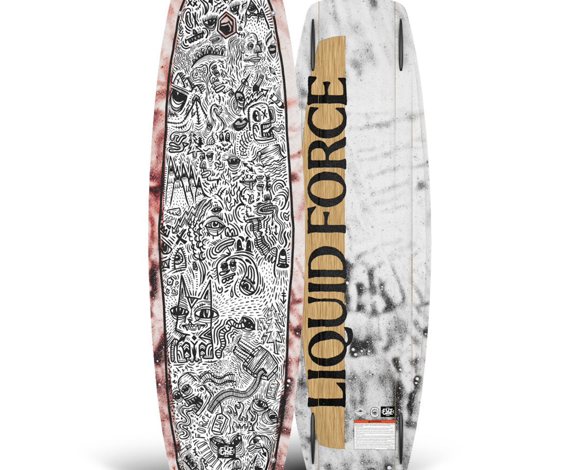 Top and bottom view of wakeboard with intricate doodles and abstract designs.