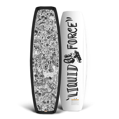 Top and bottom view of Liquid Force park wakeboard with black doodles and black border on top, clean sleek white base and branding on the bottom.