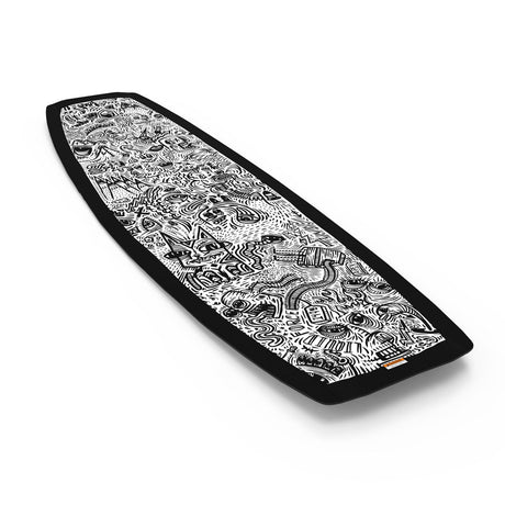 Liquid Force wakeboard with intricate black-and-white abstract designs on its surface.