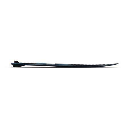 Side view of a black and blue Blade wakesurf on a white backdrop.
