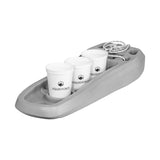 Angled rear view of liquid force boat defender in Light Grey, includes rope to secure product and made of EVA injected foam. Doubles as a cup holder, three cups on display.
