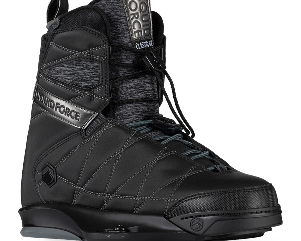 Black wake bindings with gray accents and laces, featuring logos on the side and tongue.