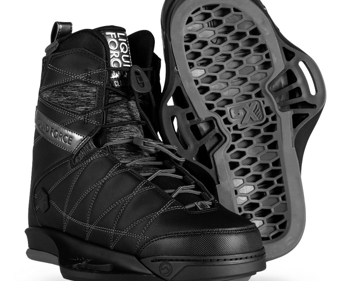 Black wake boots with gray soles feature a hexagonal grip pattern.
