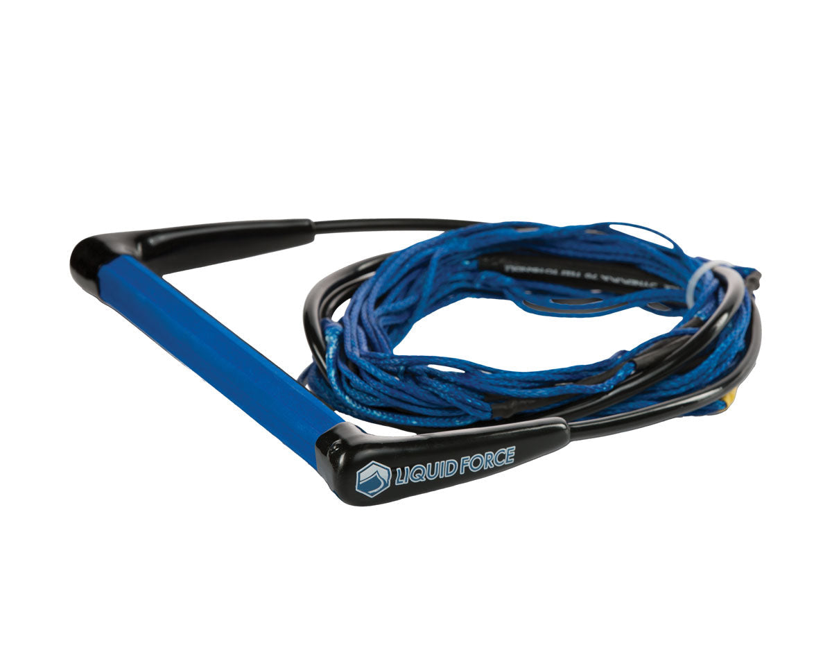 Blue and Black Wakeboard Comp Rope and Handle Combo coiled neatly against a white background.