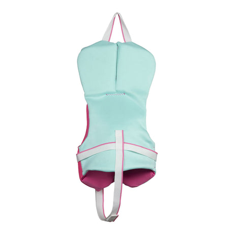 Rear view of Turquoise and pink Dream Infant CGA life jacket with waist strap and top loop.