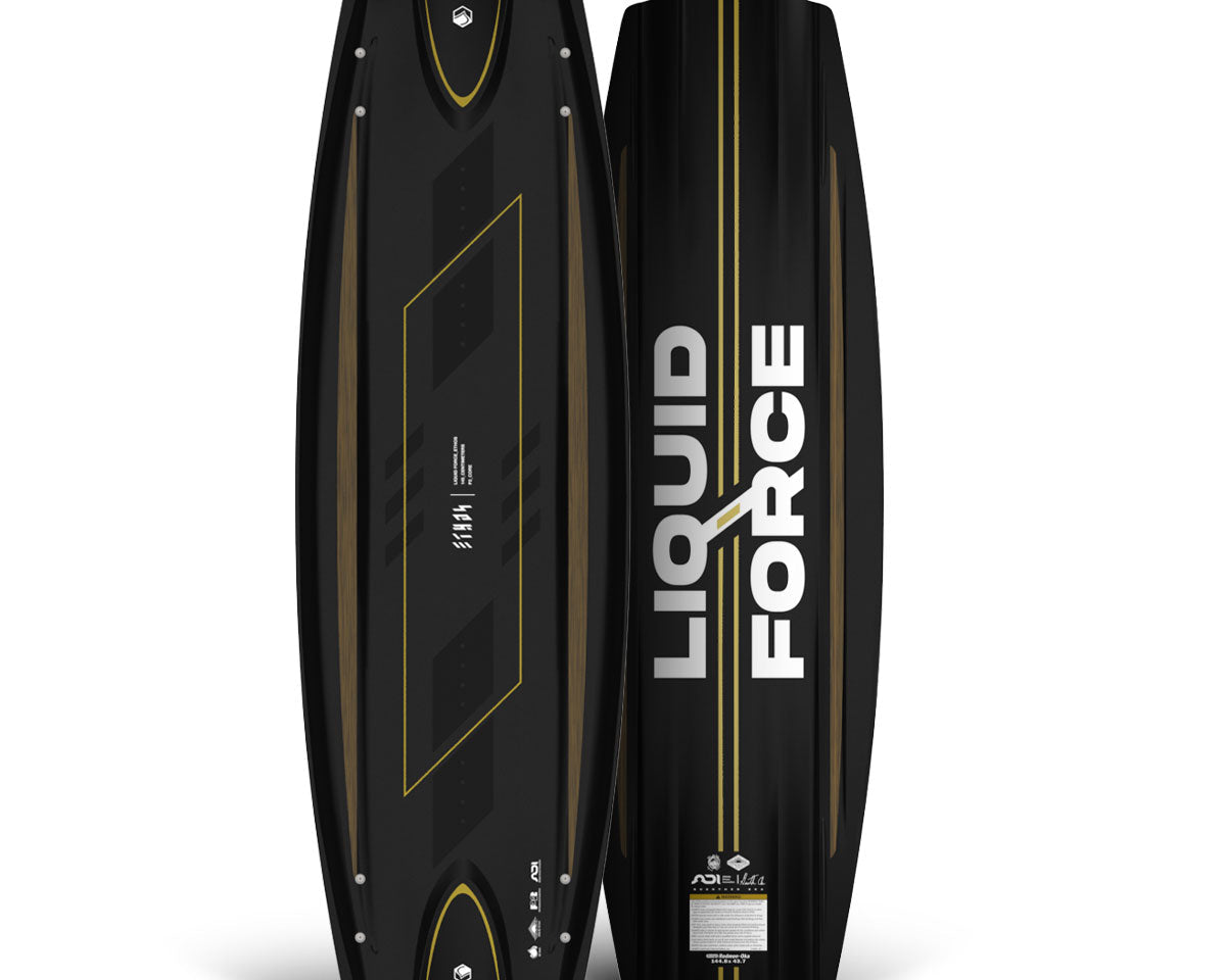 Top and bottom view of Liquid Force Ethos wakeboard in black with yellow accents and logo, shown front and back.