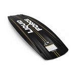 Black Liquid Force Ethos wakeboard with yellow stripes on white, perfect for wake surf adventures.