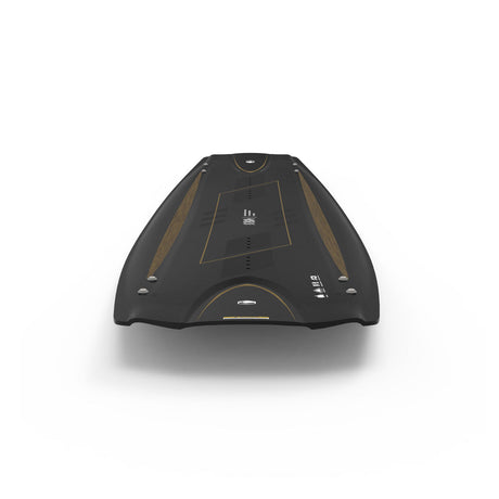 The Liquid Force Ethos is a futuristic black hoverboard with wood accents, perfect for wake surf enthusiasts, on a white background.