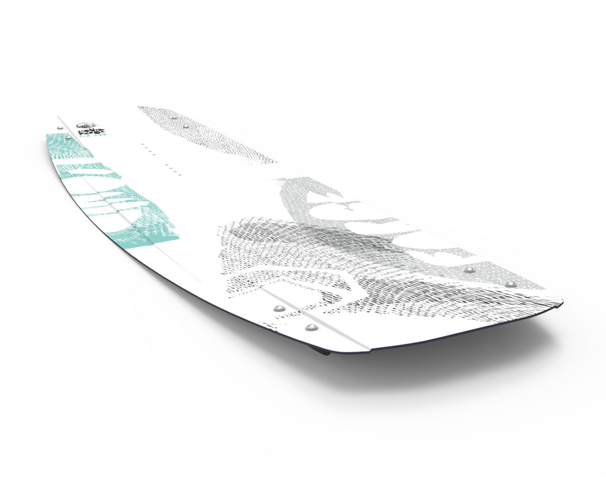 Liquid Force white and teal wakeboard with abstract design on a white background.