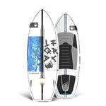 Top and bottom view of wakesurf board, white with blue accents and patterns, stand upright.