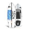 Top and bottom view of wakesurf board, white with blue accents and patterns, stand upright.