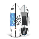 Top and bottom view of wakesurf board, white with blue accents and patterns, stand upright.
